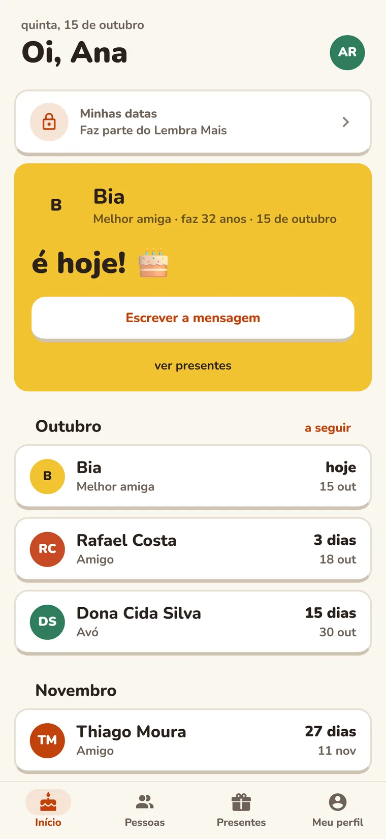 Tela inicial do Lembra: o aniversário de Bia é hoje, com o botão Escrever a mensagem.
