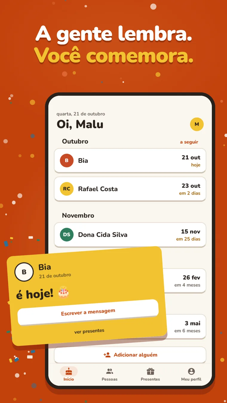 Tela do Lembra com a lista de outubro e o cartão de hoje da Bia.