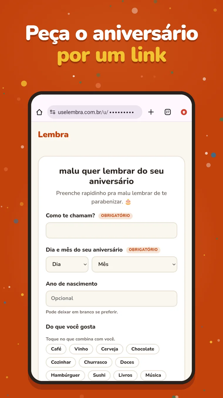 Formulário do Lembra para pedir o aniversário por um link, com nome, dia e mês e interesses.