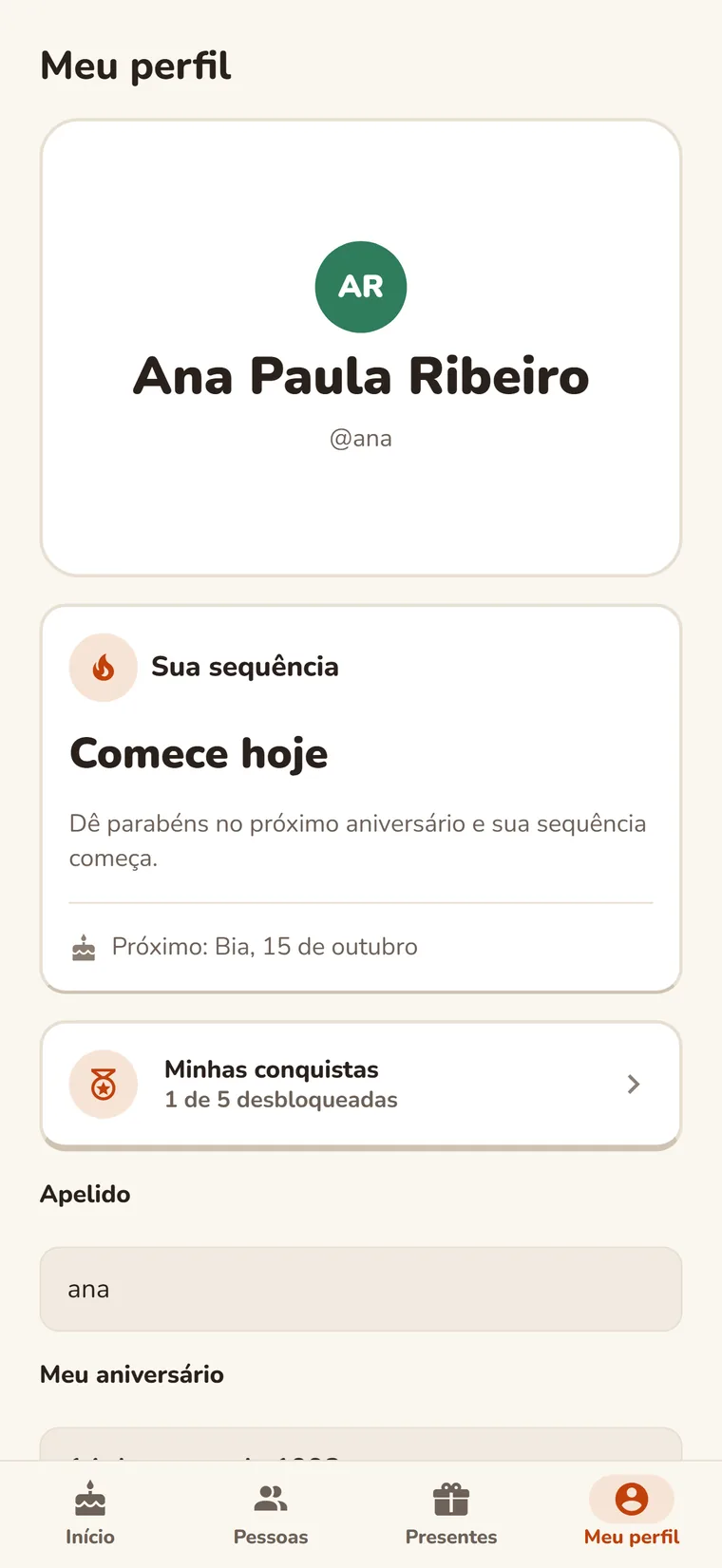 Meu perfil no Lembra com a sequência de aniversários e as conquistas.